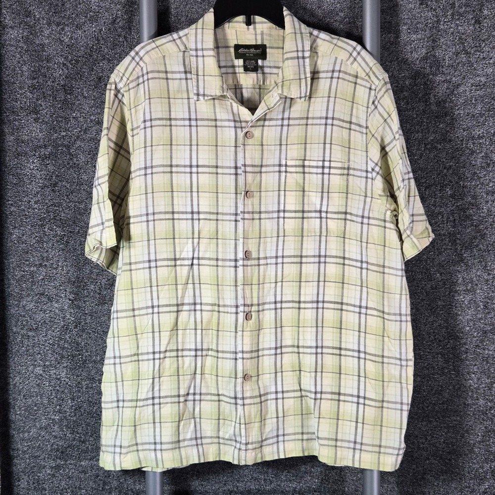 Eddie Bauer Mens Large Linen Cotton Plaid Short Sleeve Button Down Shirt Green
